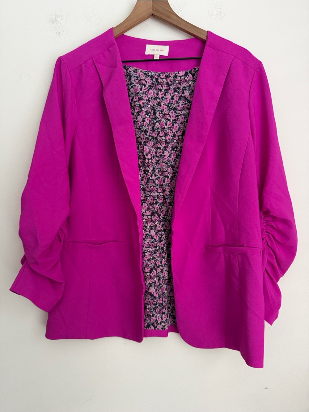 Skies Are Blue Fuchsia Open Front Blazer XL Ruched Sleeve Pink Career Jacket